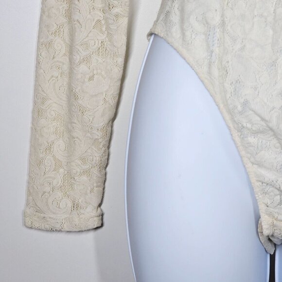 Vintage‎ Lace Bodysuit Long Sleeve Button Snap Zip Closure Cream Women's Medium - Picture 2 of 11